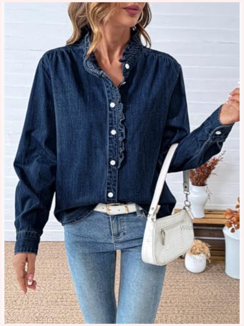 Vintage Denim Button Down Shirt Ruffled Edge Long Sleeve Top - Picture 4 of 7